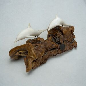 Vtg John Perry 2 White Dolphins On Burl Wood Sculpture Driftwood Beach Nautical